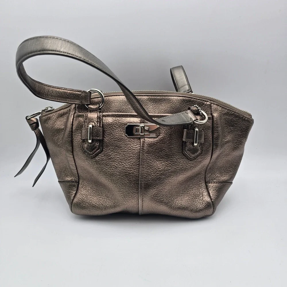 Coach Gun Metal Metallic‎ Bronze Leather Satchel Handbag Silver Hardware